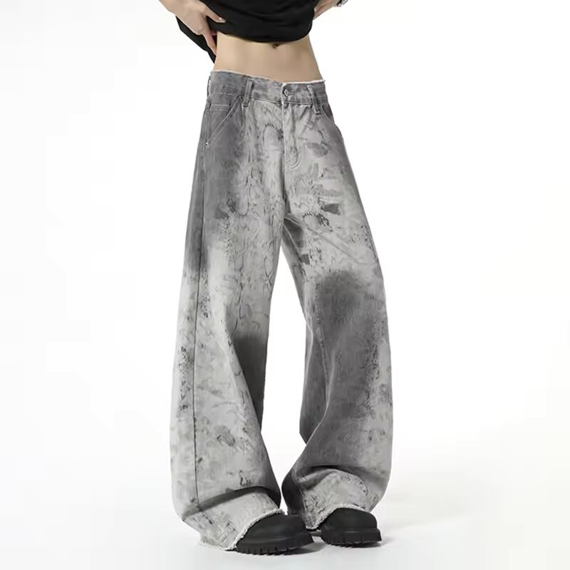 FEWQ Dirty-dying Men's Denim Pants Contrast Color Straight Loose Trousers Wide Leg Streetwear Casual Male Jeans Summer 24K3508