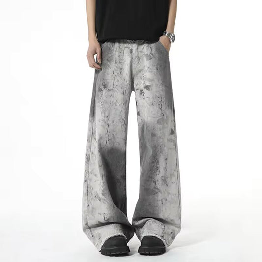 FEWQ Dirty-dying Men's Denim Pants Contrast Color Straight Loose Trousers Wide Leg Streetwear Casual Male Jeans Summer 24K3508