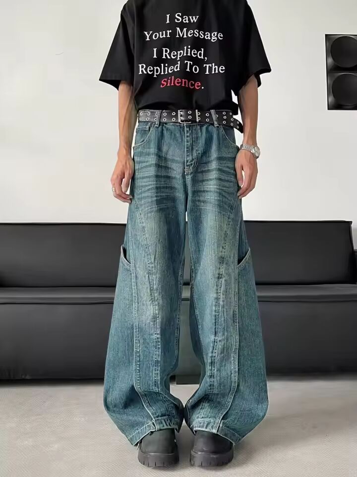 2025 Trashy Y2K Fashion Washed Blue Spliced Baggy New Jeans Pants For Men 90S Vintage Clothes Wide Leg Straight Denim Trousers