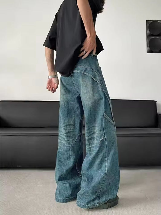 2025 Trashy Y2K Fashion Washed Blue Spliced Baggy New Jeans Pants For Men 90S Vintage Clothes Wide Leg Straight Denim Trousers