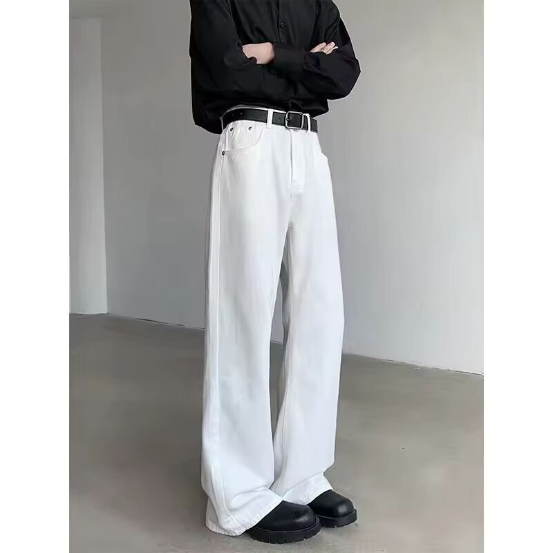 American Wide-leg Straight Jeans Men Loose Casual Denim Trousers Neutral White Jeans Streetwear Pure Color Men Women Jeans Pants