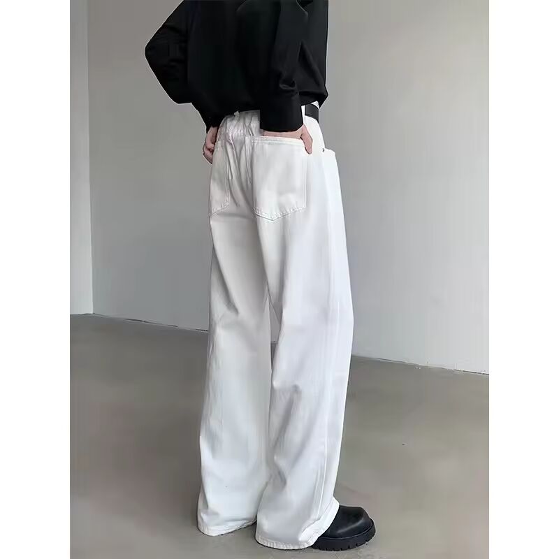 American Wide-leg Straight Jeans Men Loose Casual Denim Trousers Neutral White Jeans Streetwear Pure Color Men Women Jeans Pants