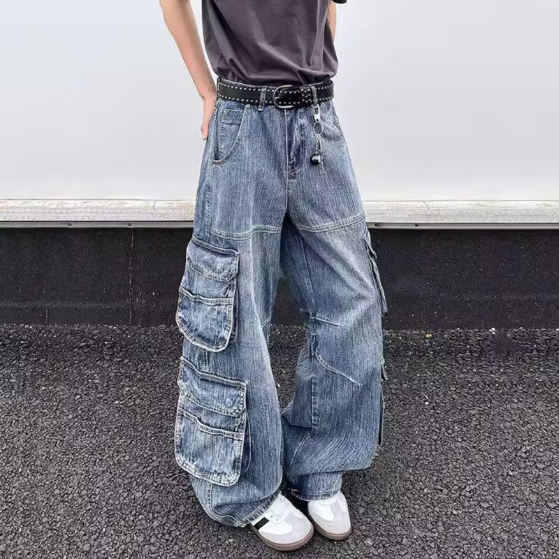 FEWQ New Summer Men's Cargo Jeans Solid Color Large Multi Pockets Streetwear Straight Wide Leg Male Denin Pants Stylish 24K4005