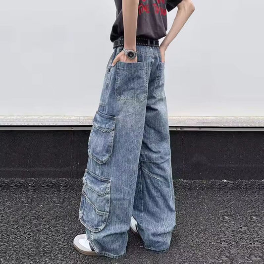 FEWQ New Summer Men's Cargo Jeans Solid Color Large Multi Pockets Streetwear Straight Wide Leg Male Denin Pants Stylish 24K4005